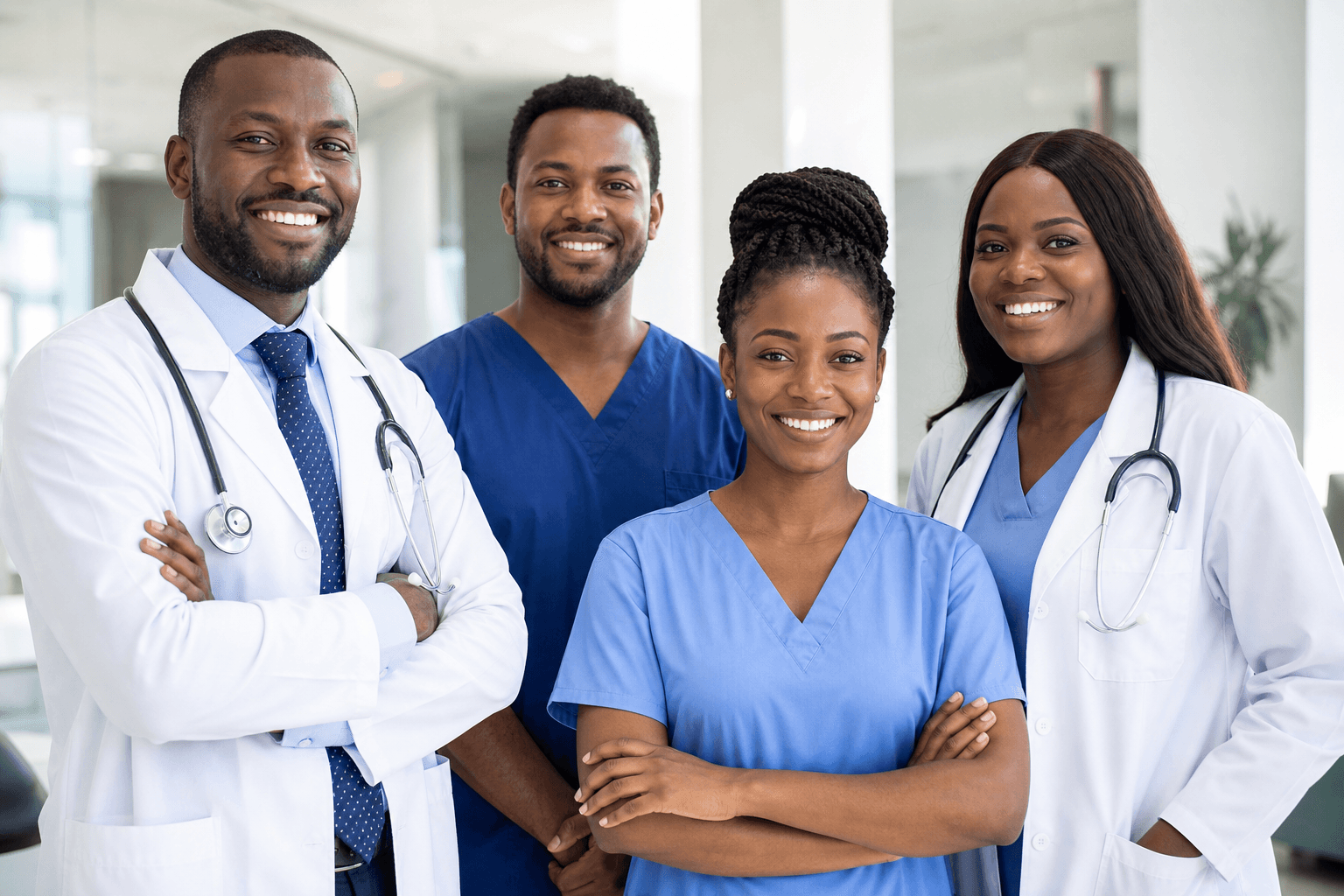 Diverse team of healthcare professionals including dark-skinned doctors and nurses in a clinical setting