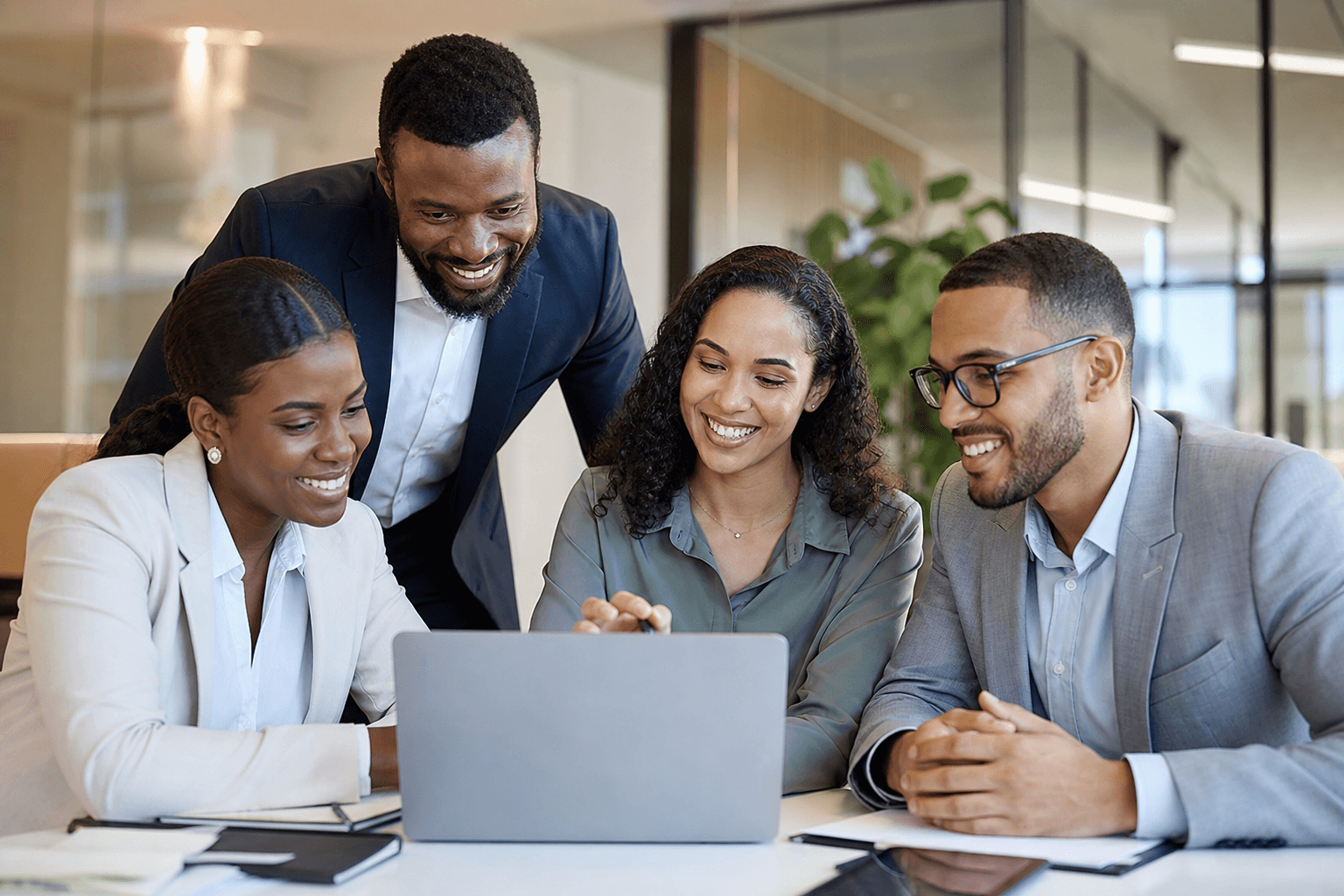 Diverse Medicare EHR team collaborating around a laptop in a modern office