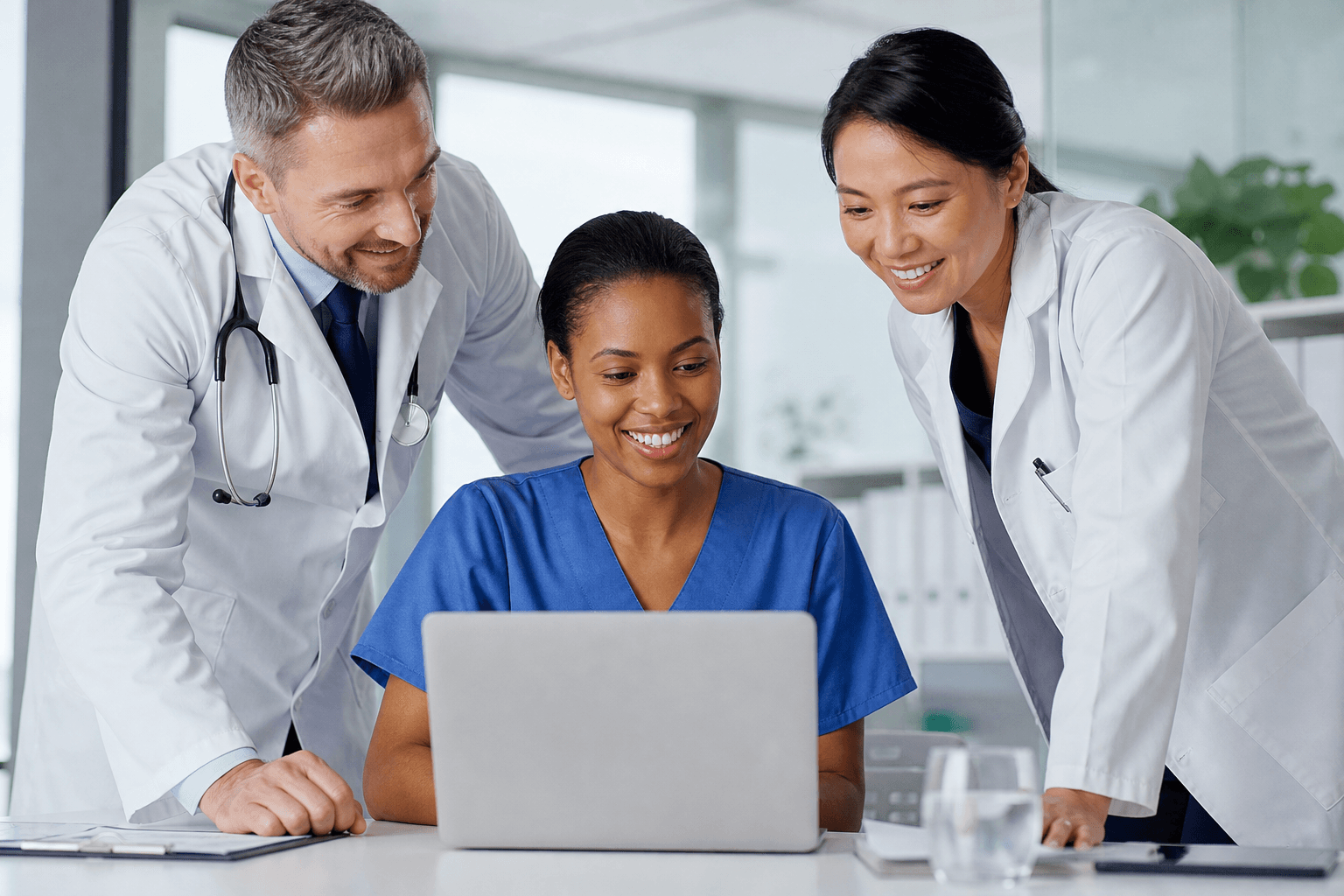 Healthcare professionals collaborating around a laptop