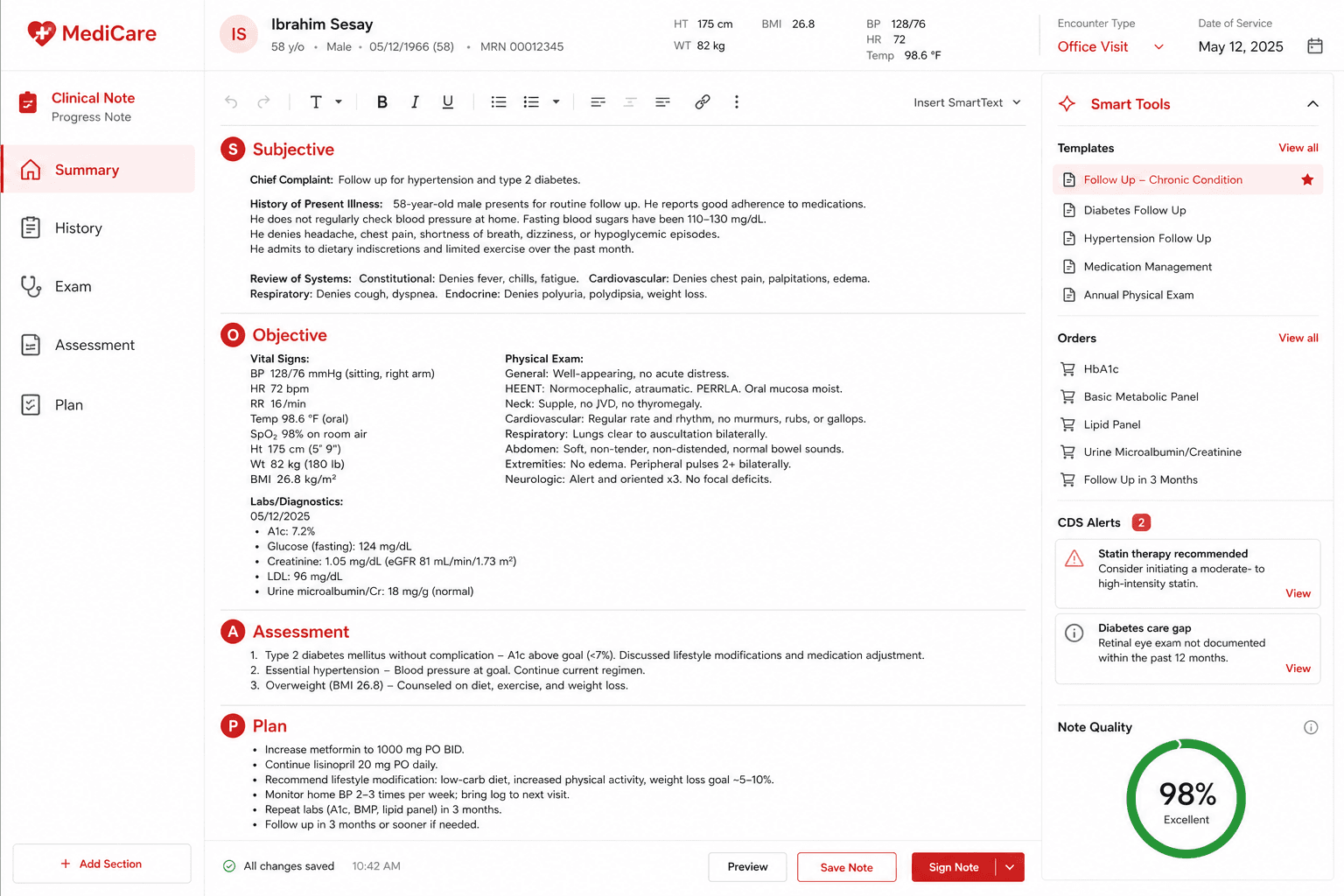 Clinical note editor with SOAP progress note, smart tools sidebar, and note quality indicator