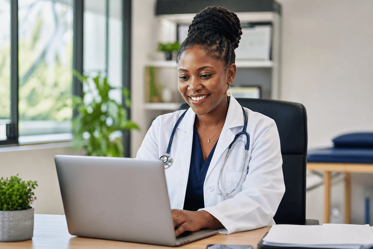 Sierra Leonean female doctor working on a laptop in a modern clinic