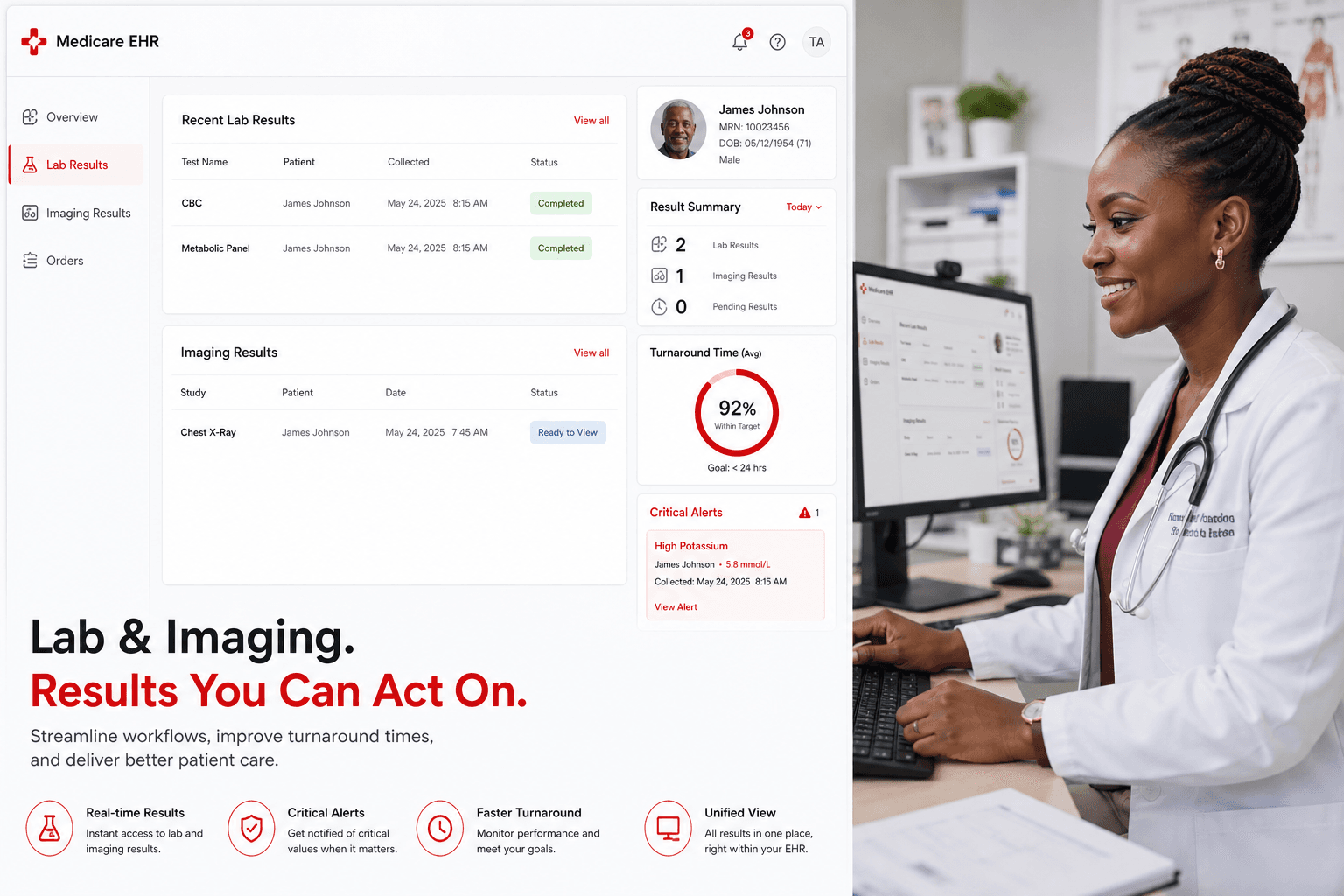 Lab results dashboard with recent tests, imaging studies, and Sierra Leonean doctor at workstation
