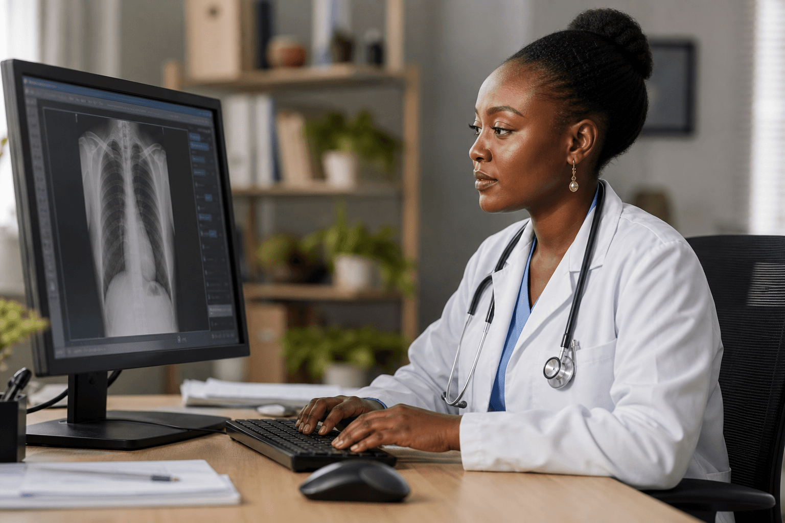 Sierra Leonean doctor reviewing chest X-ray on computer monitor