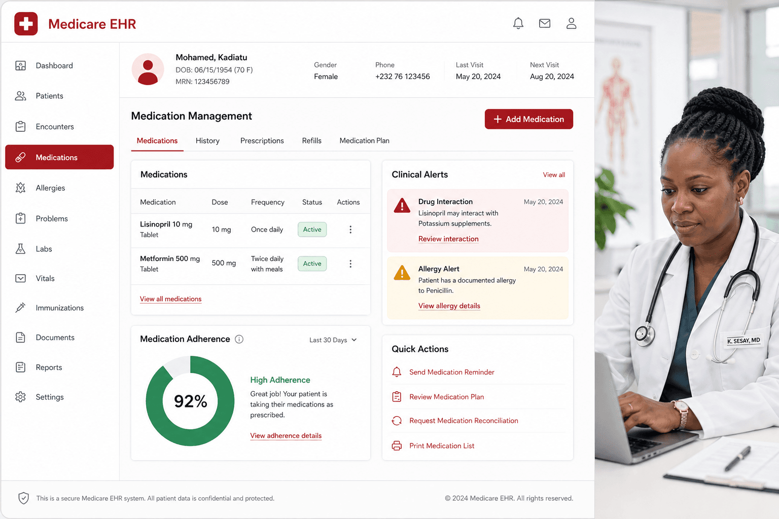 Medication management dashboard with medications table, clinical alerts, and adherence chart