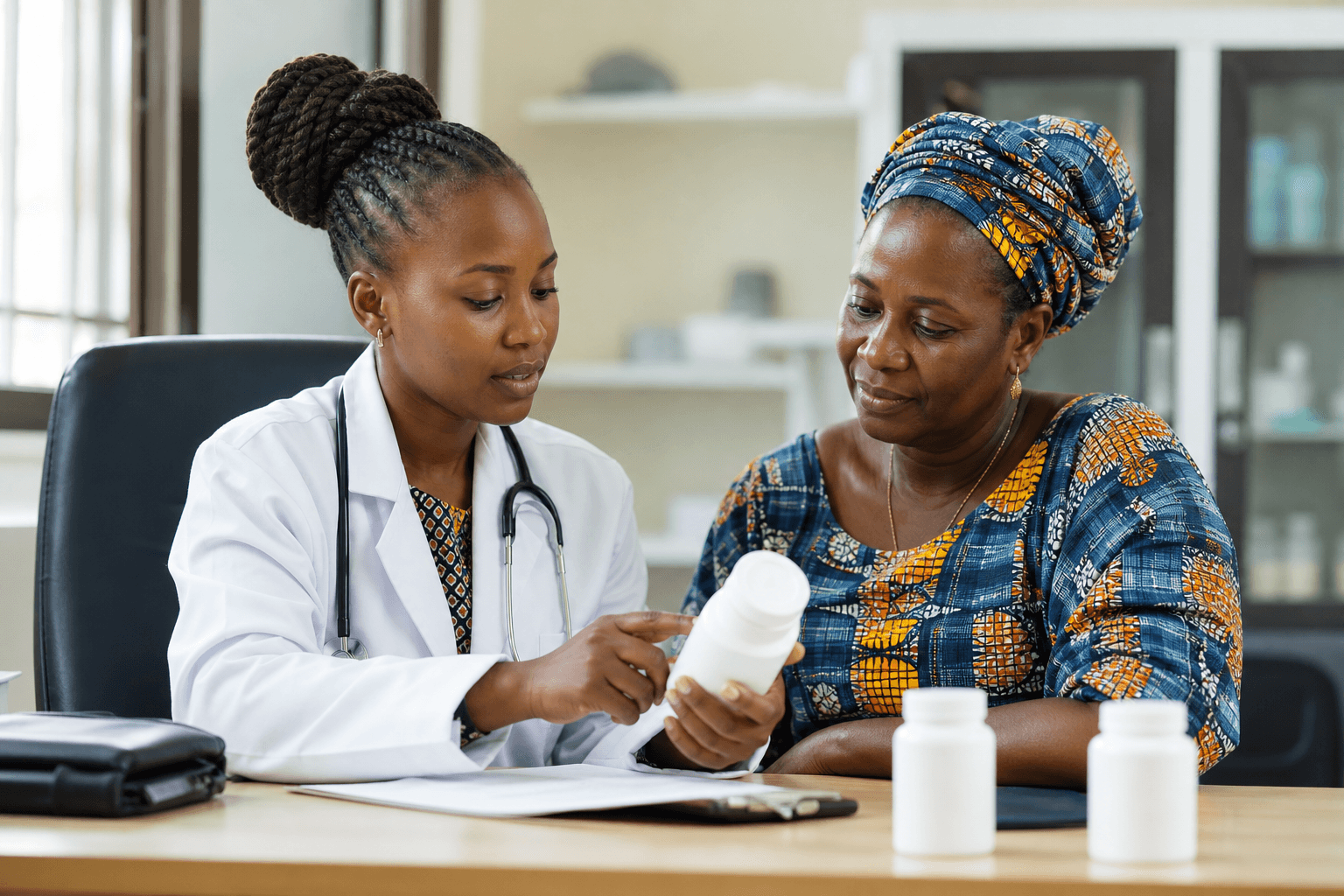 Sierra Leonean doctor counseling a patient on medication therapy