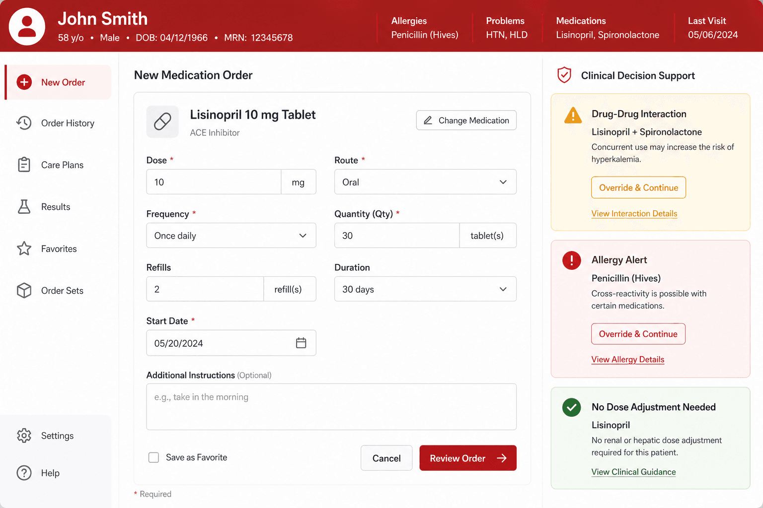 CPOE medication order form with Clinical Decision Support alerts for drug interaction, allergy, and dose adjustment