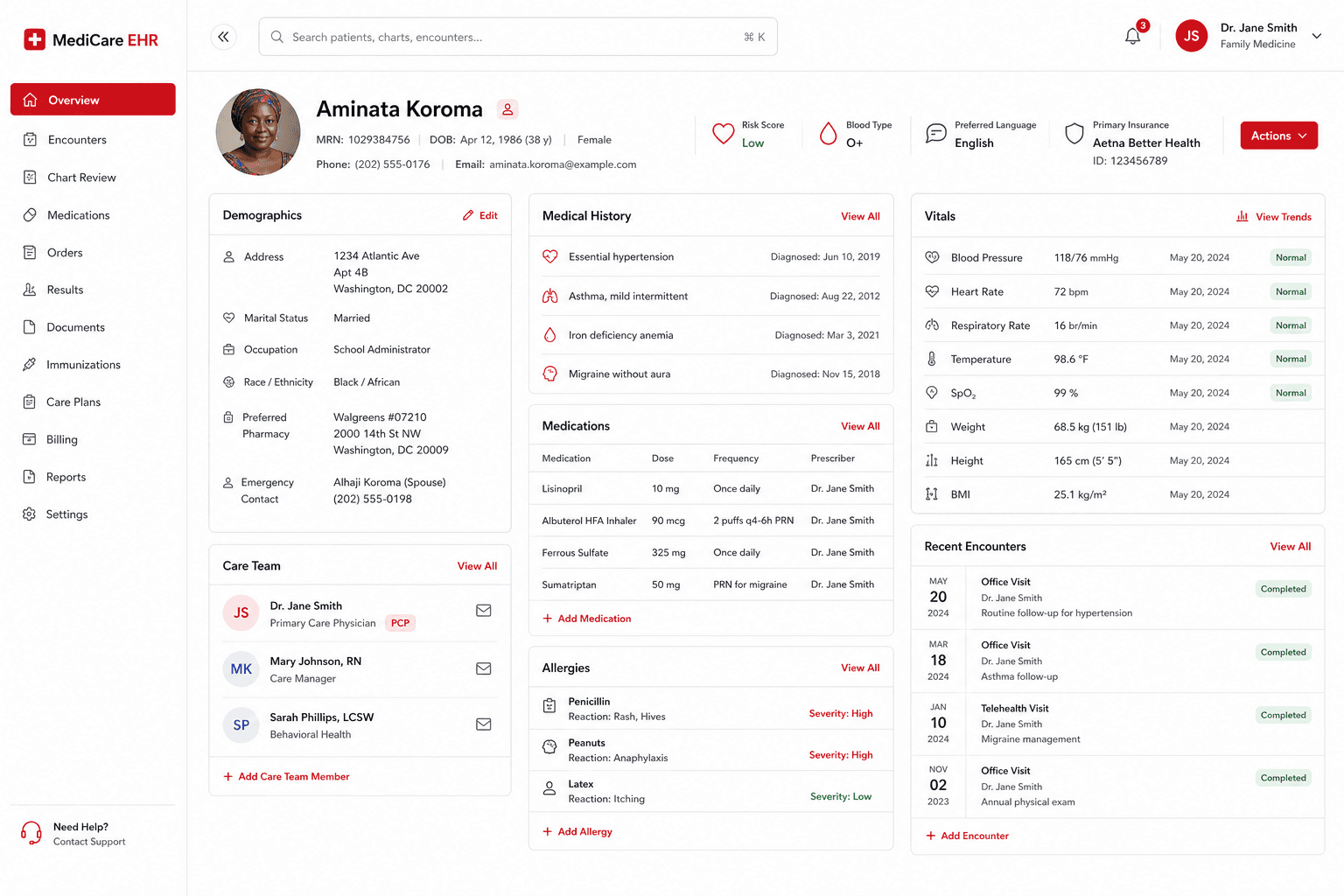 Patient overview dashboard for Aminata Koroma showing medical history, medications, and care team