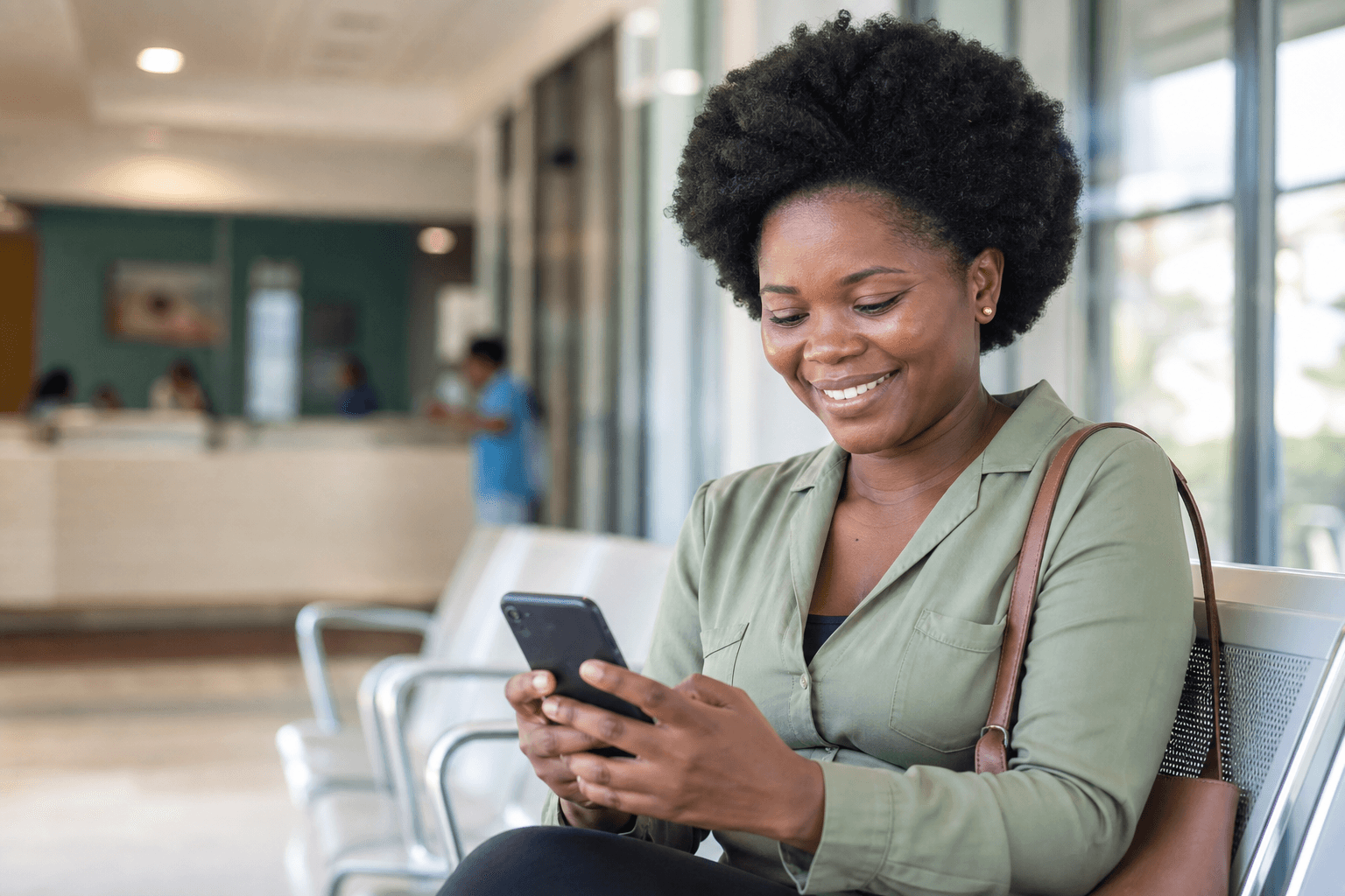 Sierra Leonean woman using her smartphone in a modern clinic