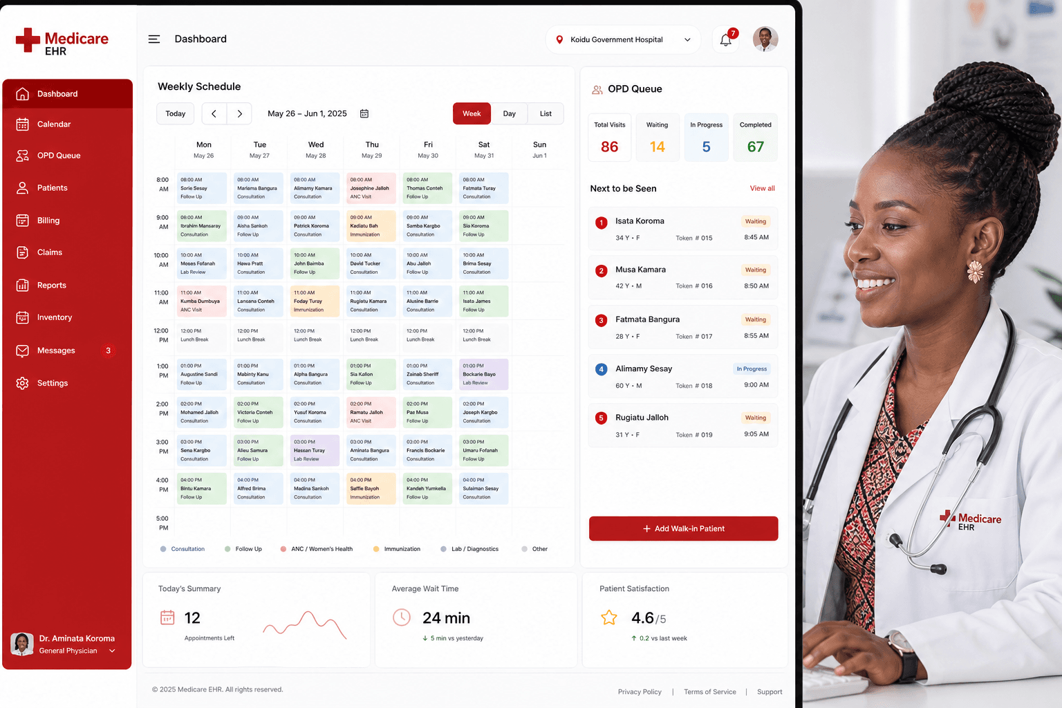 Scheduling calendar and OPD queue dashboard with Sierra Leonean doctor at workstation