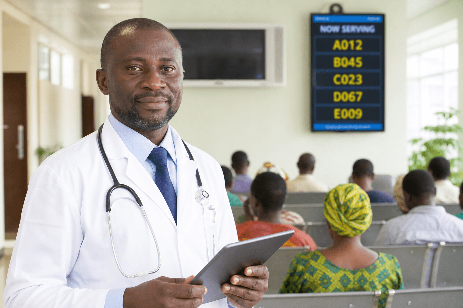 Sierra Leonean doctor with tablet in waiting room with digital Now Serving display