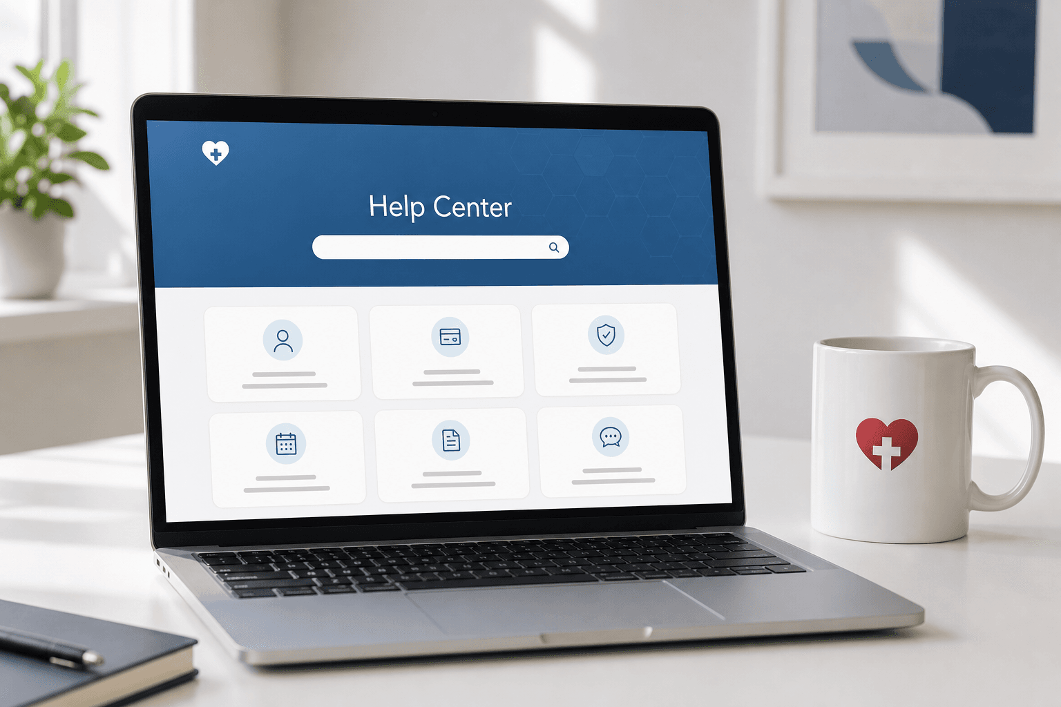 Laptop displaying the Medicare EHR Help Center beside a branded coffee mug
