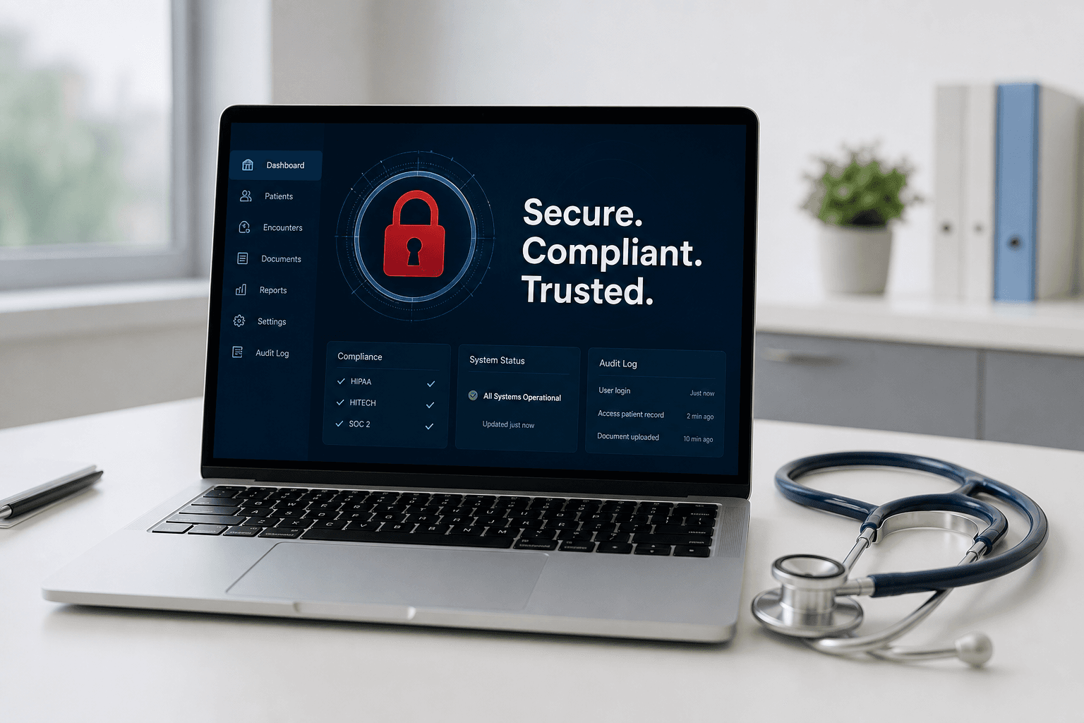 Laptop displaying Medicare EHR security dashboard beside a stethoscope