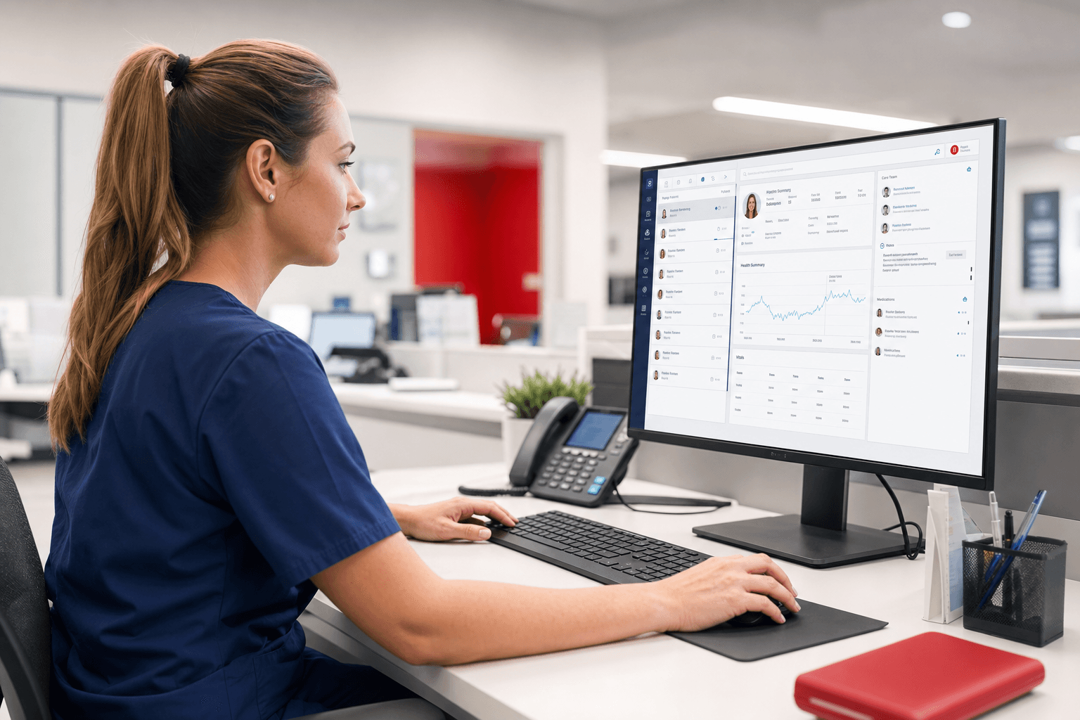 Healthcare professional reviewing patient records on a desktop EHR monitor