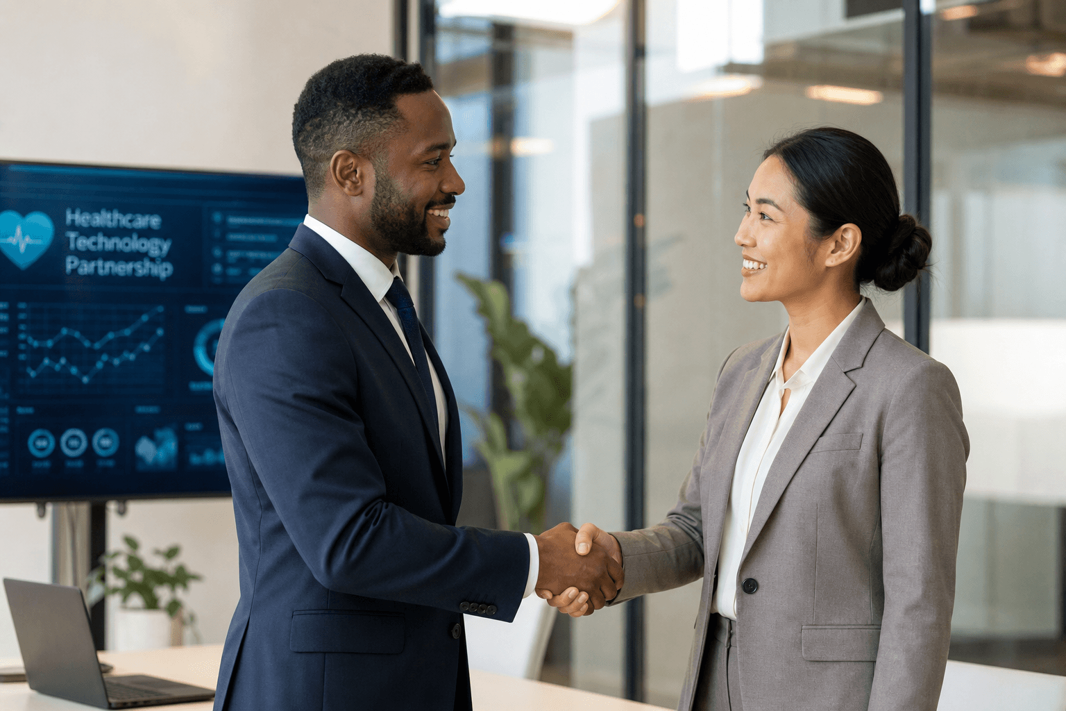 Healthcare technology partners shaking hands in a professional setting