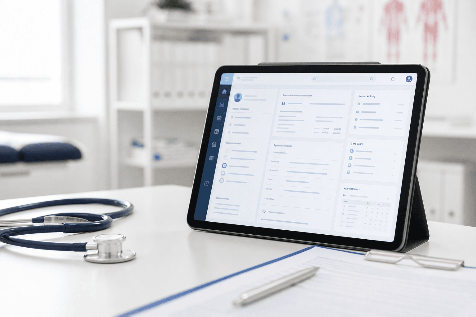 Tablet displaying Medicare EHR on a medical desk with stethoscope and clipboard