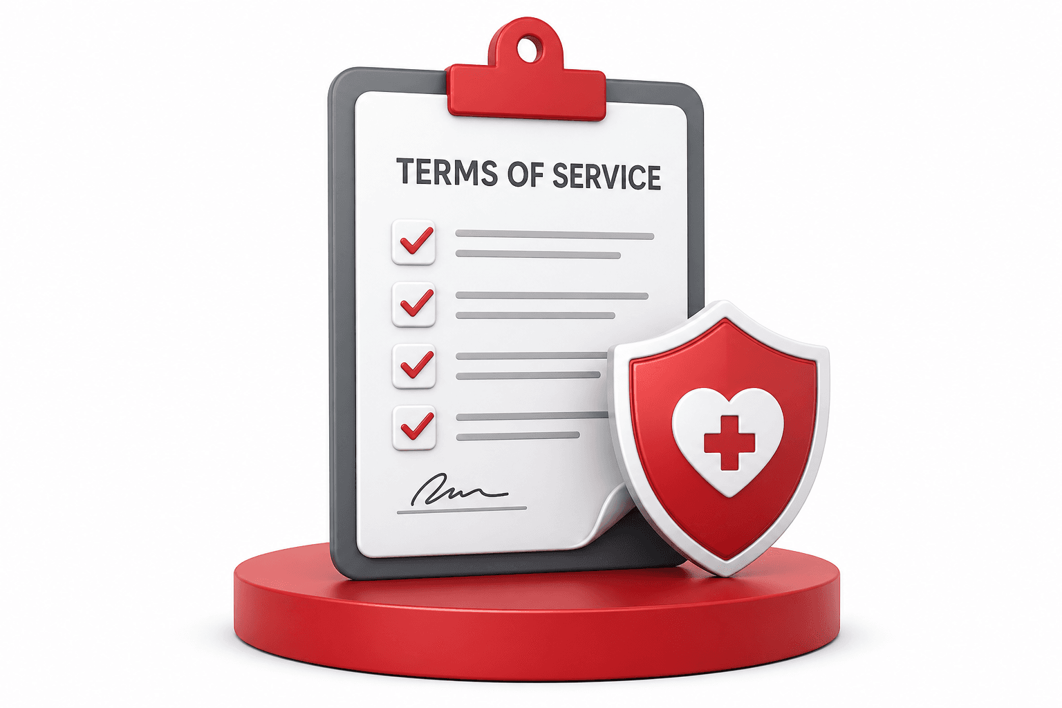 Terms of service document on clipboard with healthcare shield