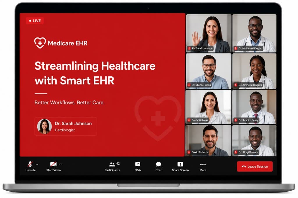 Live Medicare EHR webinar session on a laptop with video participants